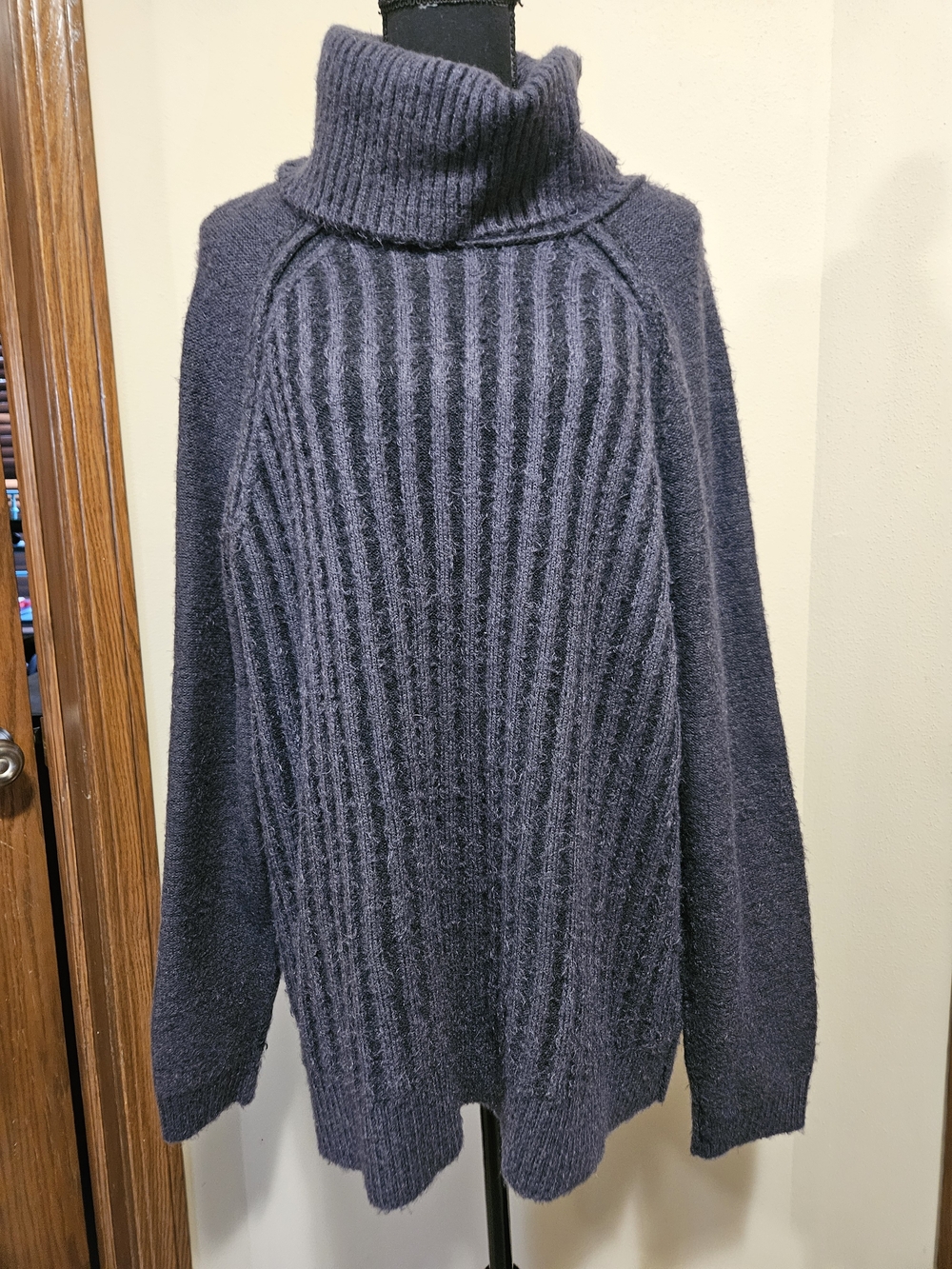 Free People Oversized Cozy Ribbed Turtleneck Sweater - Dark Charcoal Blue Sz L
